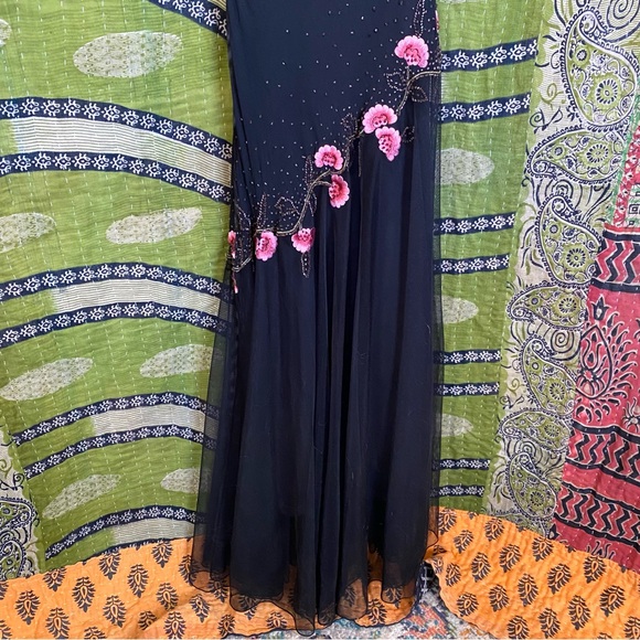 Y2K Xscape Black/ Pink Annabella Silk Beaded Floral Mermaid Maxi Dress Size 10 - Picture 5 of 16